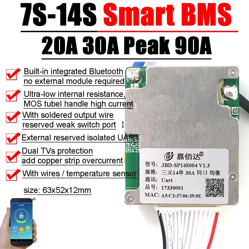 JBD Bluetooth 7S to 14S 13S Lithium Battery Protection Board Smart BMS Balance 24V 36V 48V 52V Li-ion Lipo 8S 12S LifePo4 30A