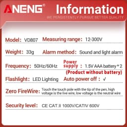 ANENG VD807 One-word Induction Tester Portable 50/60Hz Smart Electric Pen NCV Sensor AC 12-300V Non-contact Wire Detector Tools