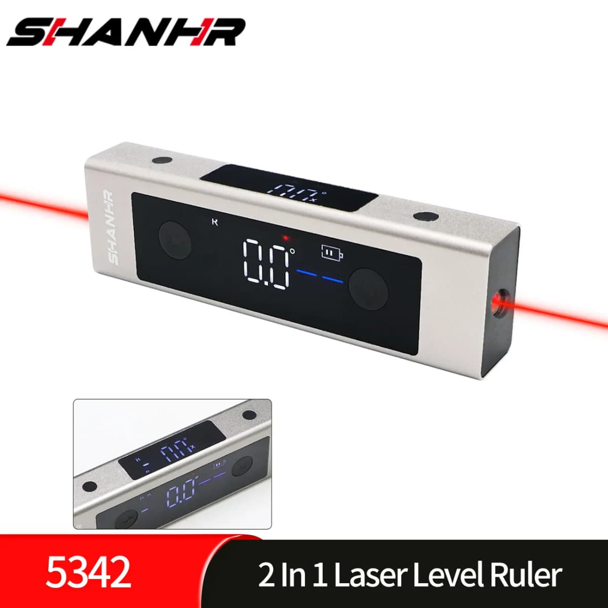 SHANHR 2 In 1 Laser Level Ruler Type-C Double Laser Angle Ruler Protractor Digital Inclinometer Measure Tool Protractor