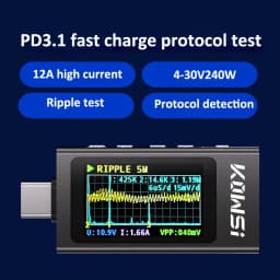 KWS-X1 4V-30V 12A Type C Tester Voltmeter Ammeter TYPE-C Fast Charge Detection Trigger Capacity Measurement Ripple Measurement