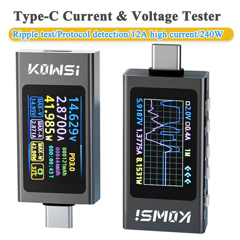 KWS-X1 4V-30V 12A Type C Tester Voltmeter Ammeter TYPE-C Fast Charge Detection Trigger Capacity Measurement Ripple Measurement
