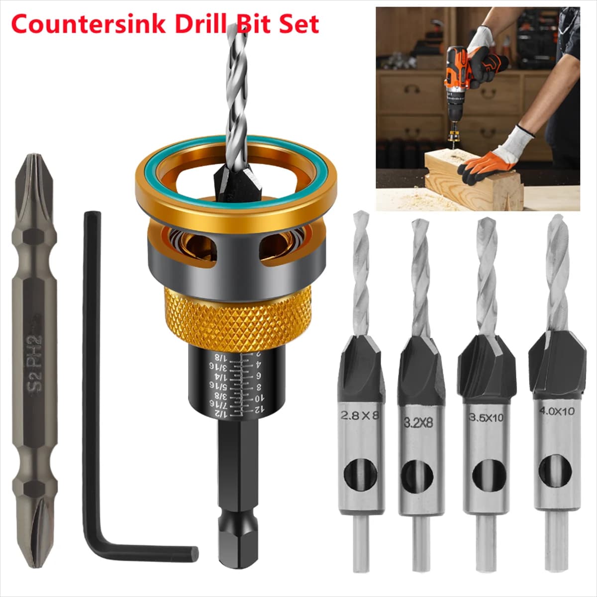 Woodworking Limit Four Edge Countersink Drill High-Speed Steel Drill Adjustable Depth Step Drill Screw Countersink Drill Bit