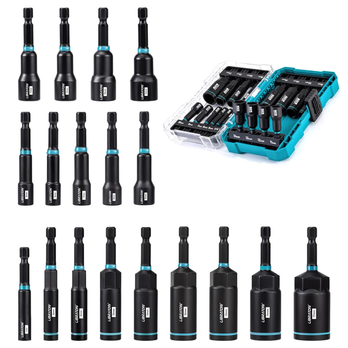LIBRATON 18PC Magnetic Nut Driver Set Impact Nut Driver Set 1/4" Hex Shank Nut Driver Bit Set for Impact Drill Metric Nut Driver