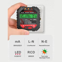 HT107 Outlet Socket Tester Digital Plug AC Voltage Detect 30mA RCD Test Polarity Phase Check Circuit Checker Bicolor Backlight