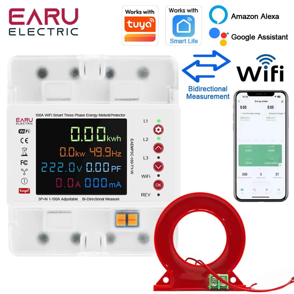 EARU Three Phase Tuya App WiFi Smart Bidirectional Current Voltage Power Energy kWh Meter Earth Leakage Protector Relay Switch