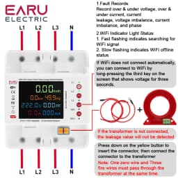 EARU Three Phase Tuya App WiFi Smart Bidirectional Current Voltage Power Energy kWh Meter Earth Leakage Protector Relay Switch