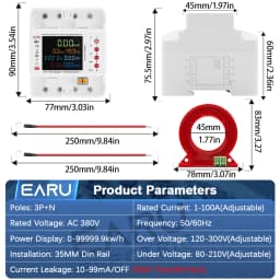 EARU Three Phase Tuya App WiFi Smart Bidirectional Current Voltage Power Energy kWh Meter Earth Leakage Protector Relay Switch