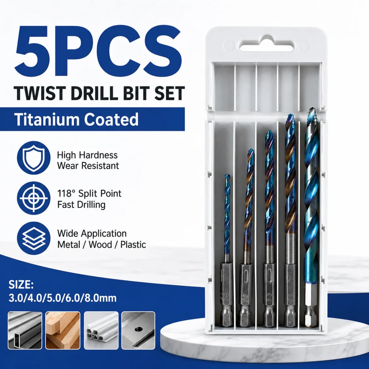 5PCS Cobalt Stepped Point Drill Bit Set 3.0-8.0mm HSS Drill Bit with Hex Shank, for Wood, Metal, Plastic, and PVC
