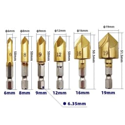 3/6pcs Countersink Drill Bit Set 1/4'' Hex Shank HSS 5 Flute Countersink 90 Degree Wood Chamfering Cutter 6mm-19mm Wood Drilling