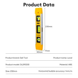 Deli 9 Inch Torpedo Level, Magnetic Box Level with 45°/90°/180° Bubbles, Shock Resistant Bubble Level Tool for Measuring