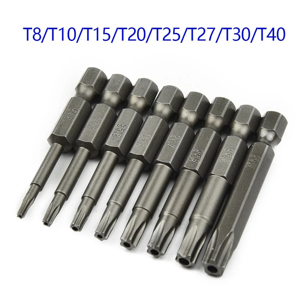 8pcs 50mm 5 Point Torx Drive Bit Set 1/4" Hex Shank Electric Screwdriver Bit Kit T8-T40 Power Tools With Center Hole