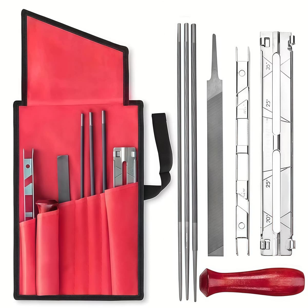 Chainsaw Sharpening Kit - 9 Piece Set with Round Files (5/32", 3/16", 7/32"), Flat File (6"), Handle, Filing Guide, and Travel P