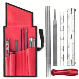 Chainsaw Sharpening Kit - 9 Piece Set with Round Files (5/32", 3/16", 7/32"), Flat File (6"), Handle, Filing Guide, and Travel P