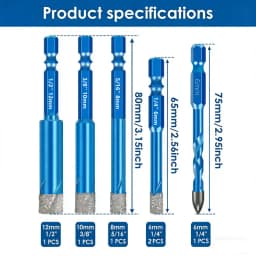 6pcs Dry Diamond Drill Bit Set for Granite Porcelain Tile Ceramic Marble Pot Hex Shank Tile Drill Bits 1/4'' 5/16" 3/8" 1/2"
