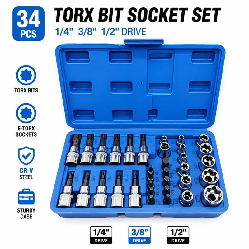 34Pcs Torx Bit & E-Torx Star Socket Set 1/4" 3/8" 1/2" Drive Male Female Star Bit Hand Repair Tool Kit with Storage Case