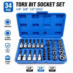 34Pcs Torx Bit & E-Torx Star Socket Set 1/4" 3/8" 1/2" Drive Male Female Star Bit Hand Repair Tool Kit with Storage Case