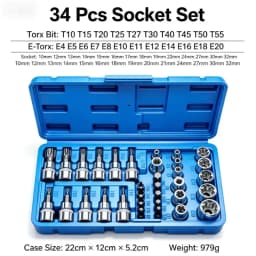 34Pcs Torx Bit & E-Torx Star Socket Set 1/4" 3/8" 1/2" Drive Male Female Star Bit Hand Repair Tool Kit with Storage Case