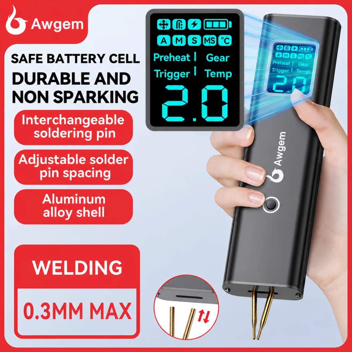 Awgem 90 Gears Adjustable Spot Welder Portable Handheld Spot Welding Machine Energy Storage Spot Welding DIY for 18650 Battery