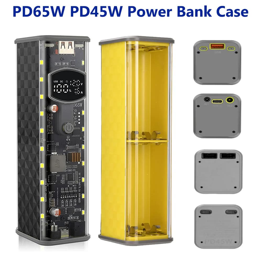 PD65W PD45W Transparent Power Bank Case 8 Cell 18650 DIY Power Bank Case Kit Fast Charging Battery Holder Case with LED Light