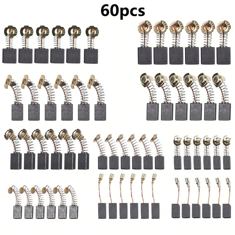60-Piece Set of 10 Types of Motor Carbon Brush Replacement Kits for Power Tool Repair and Maintenance, Replacement Parts Suitable for Electric Drills, Angle Grinders, Hammer Motors, Impact Drills, and Circular Saws