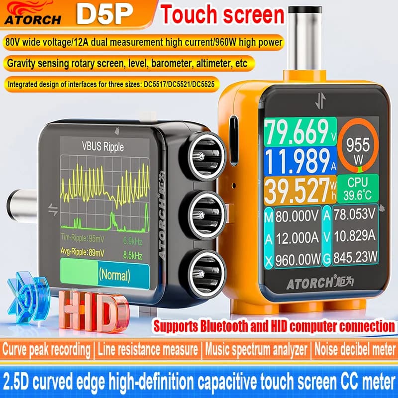 ATORCH D5P Touch Screen DC5.5 Tester DC 4.5-80V 12A Digital Voltmeter Ammeter Wattmeter Battery Capacity Power Analyzer Monitor