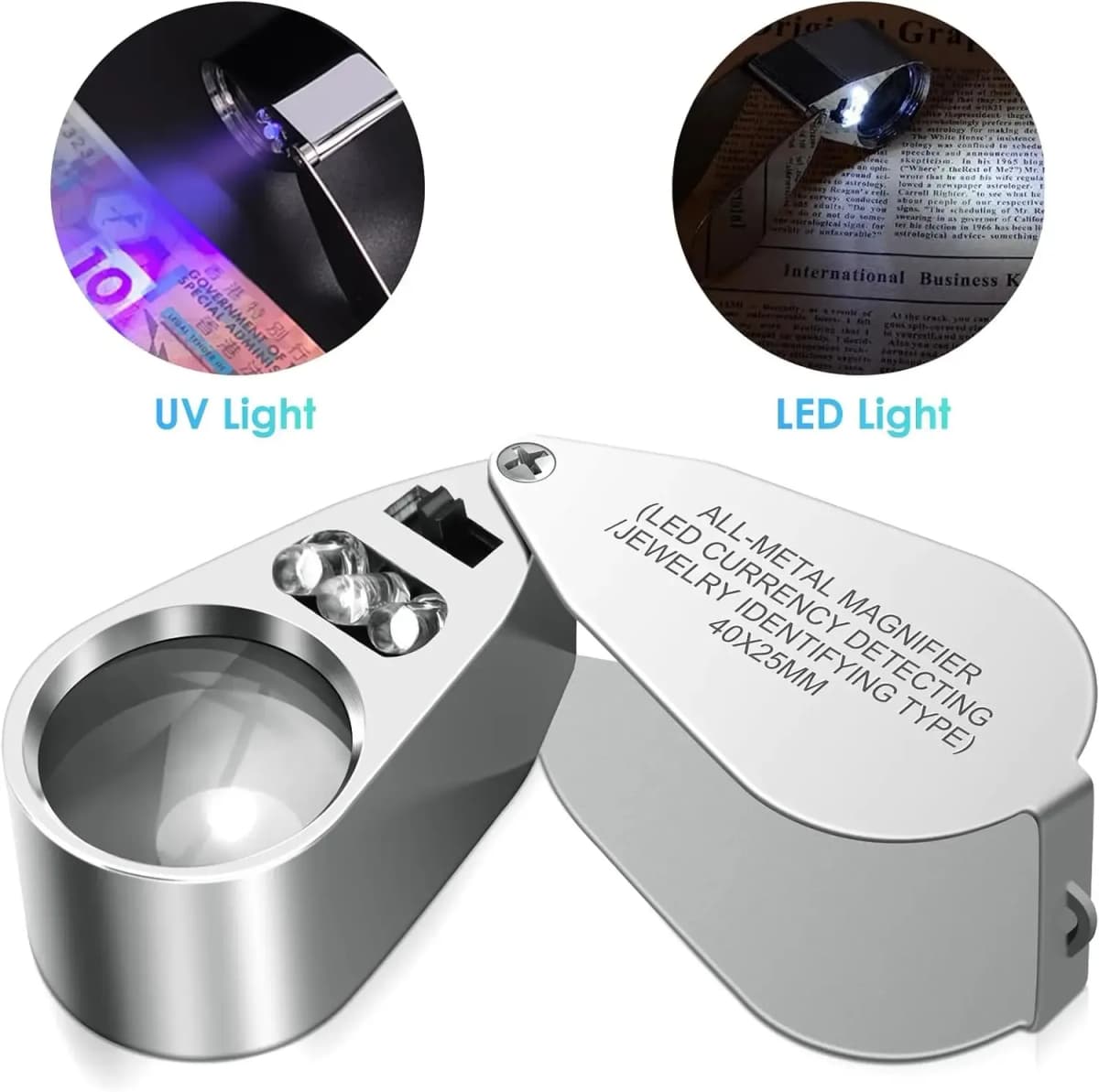 40X Illuminated LED UV Jewelry Loupe Magnifier with Metal Construction and Optical Glass