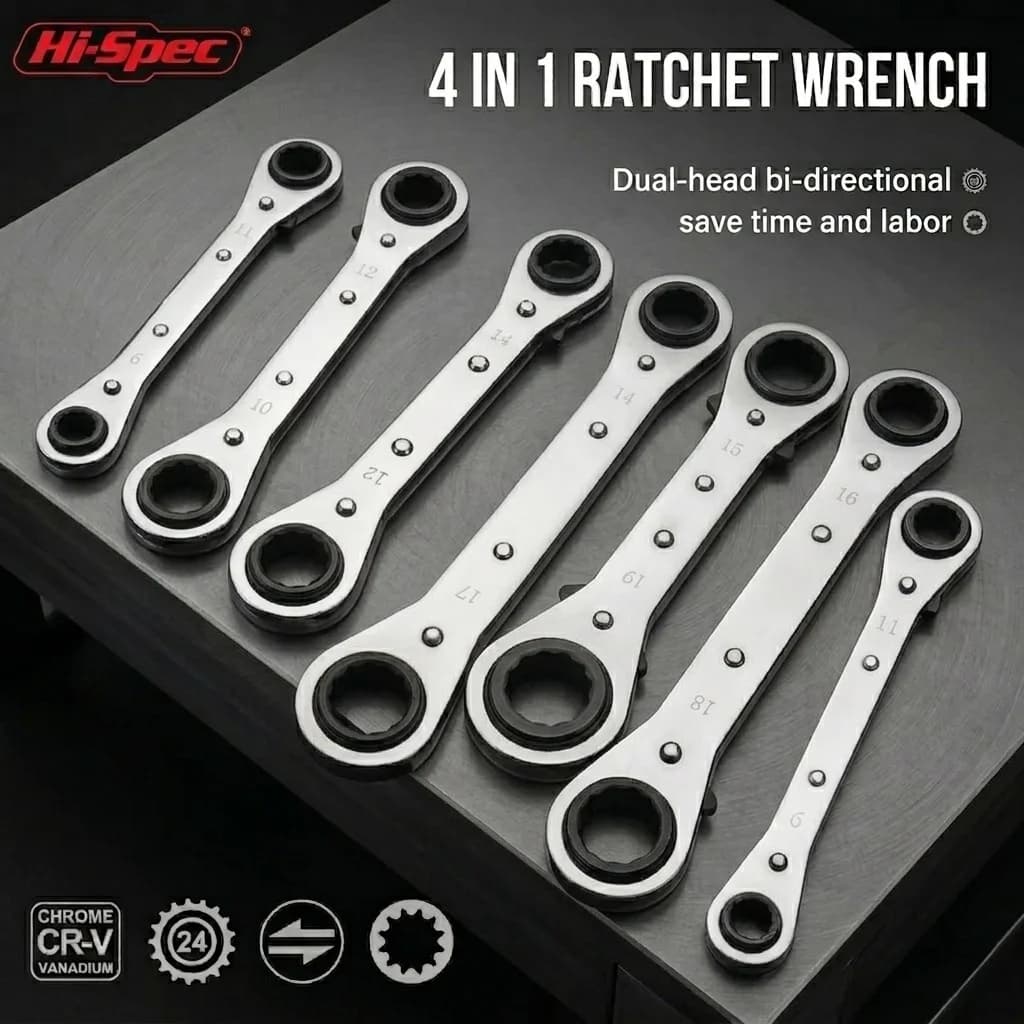 4-in-1 Quad-Size Ratchet Wrench Multi-Head Adjustable Socket Spanner Professional CR-V Steel Hand Tool for Rapid Fastening