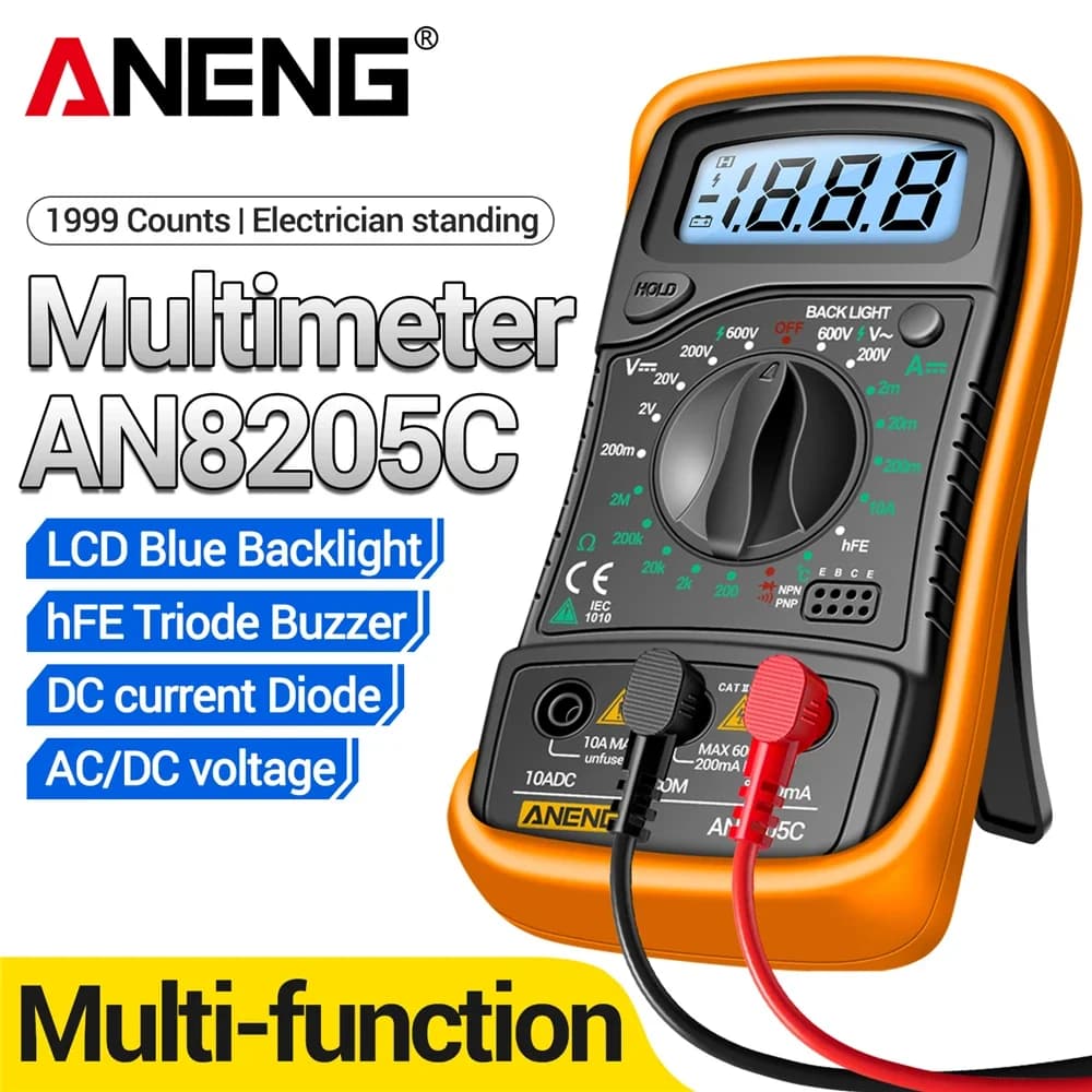 ANENG AN8205C Digital Professional Multimeter AC/DC Voltage Meter HFE Ohm Tester DC Current Temp Meter With LCD Backlight Tester