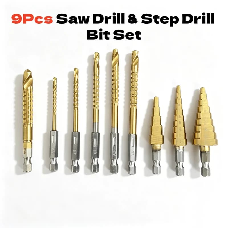 9Pcs Titanium Coated Step Drill & Saw Drill Bit Set, Hex Shank Multi-Functional Hole Opening Drilling Bits for Wood Metal Plasti