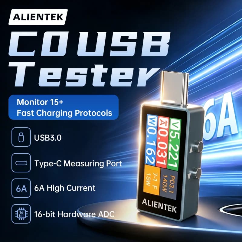 ALIENTEK C0 USB Tester Fast Charging Protocol Analyzer PD3.2 QC4.0 Power Meter Voltmeter Ammeter 16Bit ADC 216W for Laptop Phone