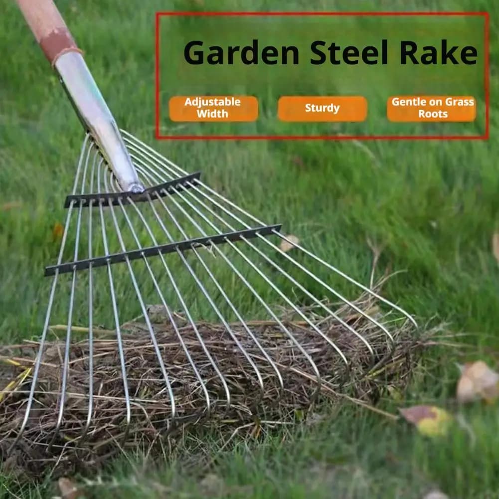 Adjustable Fan-Shape Lawn Rake Head 3.0mm Thickened Steel Tines for Leaf  Debris Collection