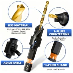 11pcs Countersink Drill Bit Set with L-Wrench - Includes #4, #6, #8, #10, #12 Sizes, Coated, for Woodworking