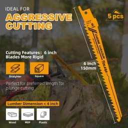 TOLESA 5PCS 6TPI 6 Inch Reciprocating Saw Blades Professional Sawzall Blades for Wood Cutting Ultimate Wood Pruning Saw Blades