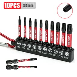 Ustop, 10-Piece Set of Anti-Tamper Star-Shaped Impact Bits with Carabiner Clip, Type Tt7-T40, 50mm Long, Magnetic Safety Torx Bits, S2 Steel Material, Compatible with Electric Drills and Screwdrivers