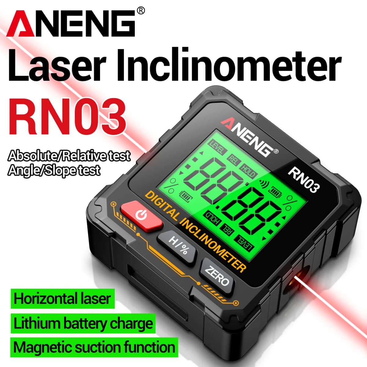 ANENG RN03 Inclinometer 0.05°Resolution Laser Level Angle Gauge with 4-Sided Magnet LCD Backlight Rechargeable 350mAh Battery