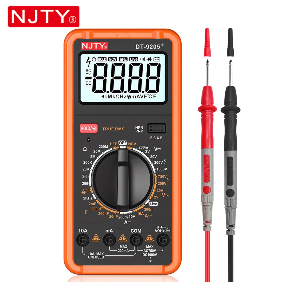 NJTY DT-9205+ Digital Multimeter Manual Range Electrical Tester Voltage Current Resistance Frequency HEF Live Wire Voltage Meter