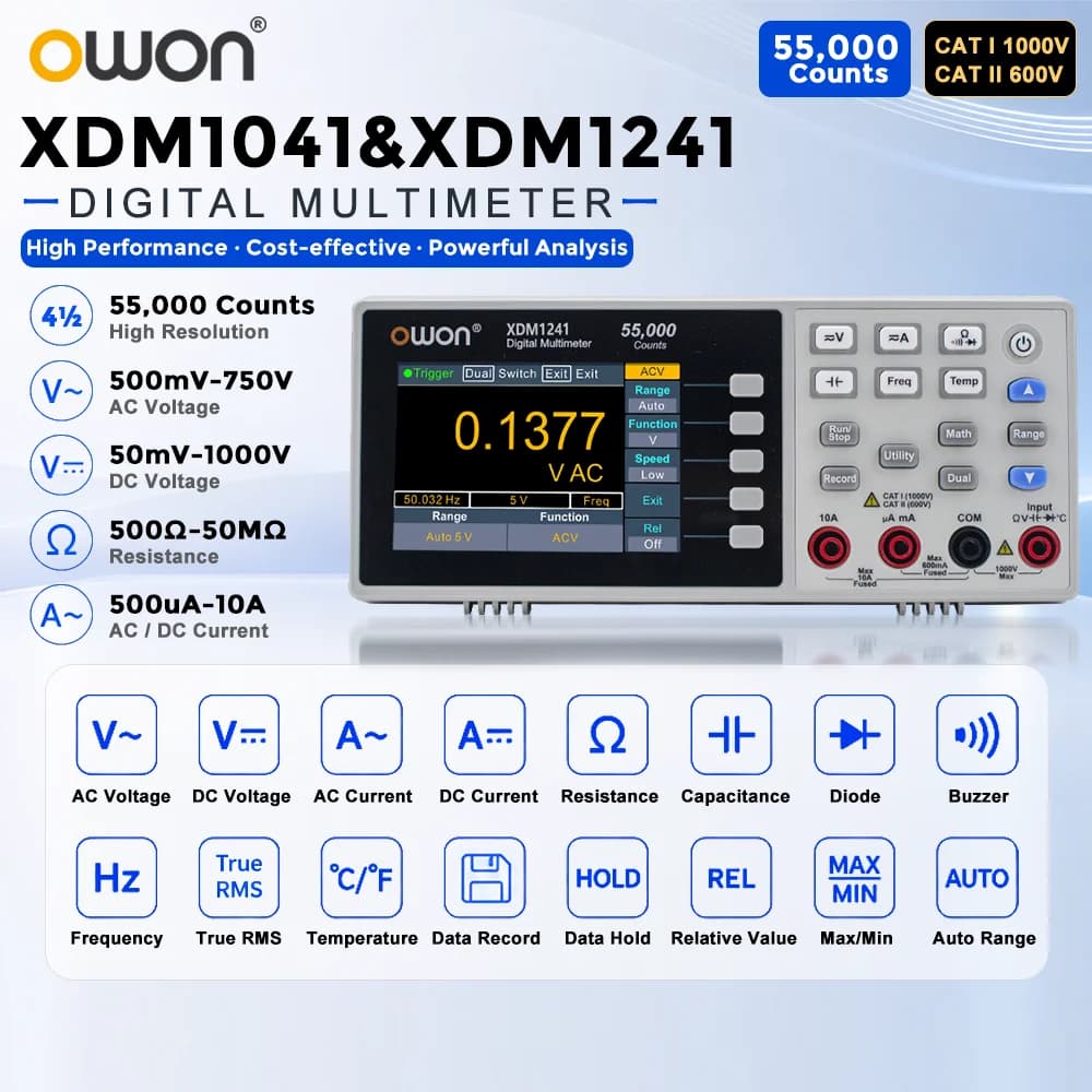 OWON XDM1041/XDM1241 Bench Digital Multimeter 4 1/2 Digits True RMS Current Voltmeter Temperature 3.5" LCD