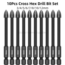 10Pcs 3/4/5/6/7/8/10/12mm Cross Hex Drill Bit Set for Tile Porcelain Glass Mirror Multifunction Tile Porcelain Carbide Drills