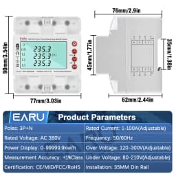 EARU Three Phase Tuya WiFi Smart Bidirectional Energy Power kWh Meter Over Under Voltage Protector Relay Switch Current Limit