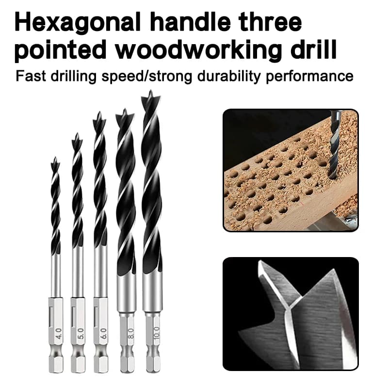 5pc hexagonal handle three pointed woodworking drill 4-10mm woodworking hole expanding power drilling tool accessory set
