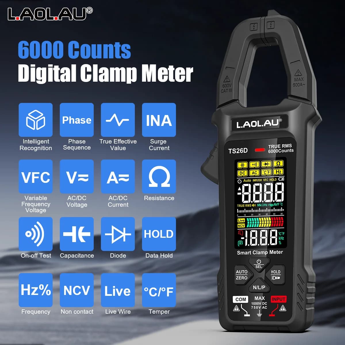 LAOLAU Digital Clamp Multimeter Phase Sequence AUTO Range Color Screen Rechargeable AC/DC Current Electric Tester TS26A TS26D