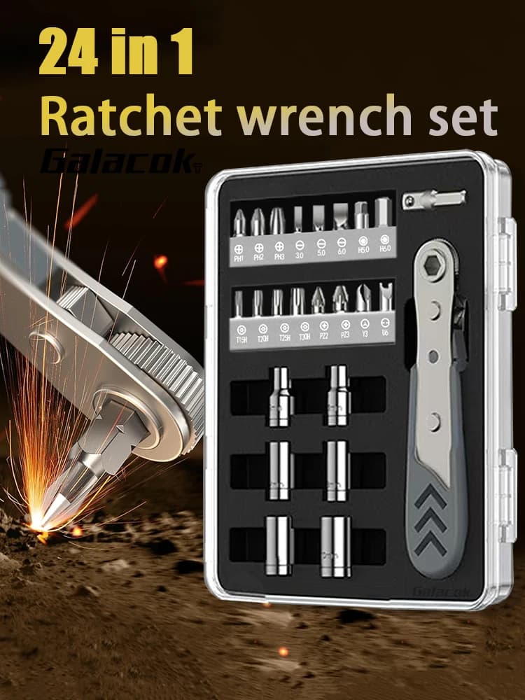 24 in 1 Right Angle Ratcheting Screwdriver Set 36-Tooth Mini Ratchet Socket Sleeve Wrench Set Car Repair Tool Hand Tools Key Set