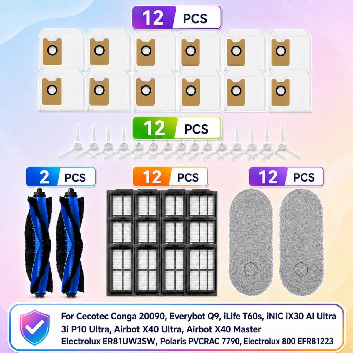 Fit For Conga 20090, Everybot Q9, Inic iX30 AI Ultra, 3i P10 Ultra, ILIFE T60s, Airbot X40 Ultra/X40 Master Brush Filter Bag Mop