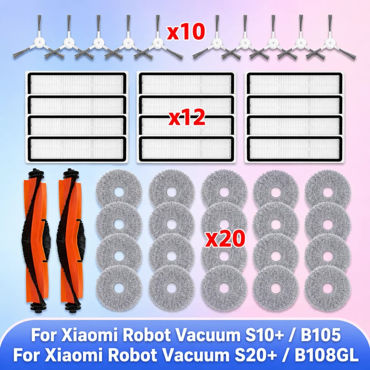 Fit For Xiaomi Robot Vacuum S20+ / S10 Plus / B108GL / B105 / B108CN B113CN Parts Main Roller Side Brush HEPA Filter Mop Cloth