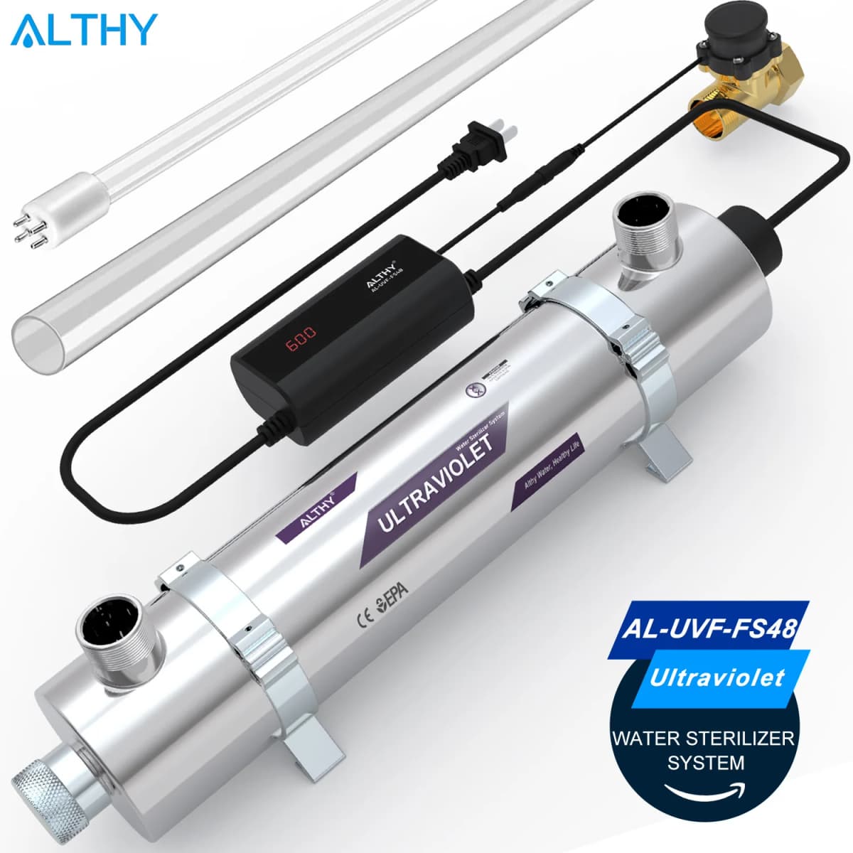 ALTHY Whole House UV Ultraviolet Water Sterilizer System Filter Purifier + Smart Flow Control Switch Stainless Steel 12GPM