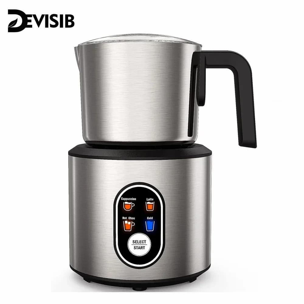 DEVISIB 4-in-1 Automatic Milk Frother Electric Instant Magic Froth 350ml Stainless Steel Pitcher Dishwasher Safe Hot and Cold