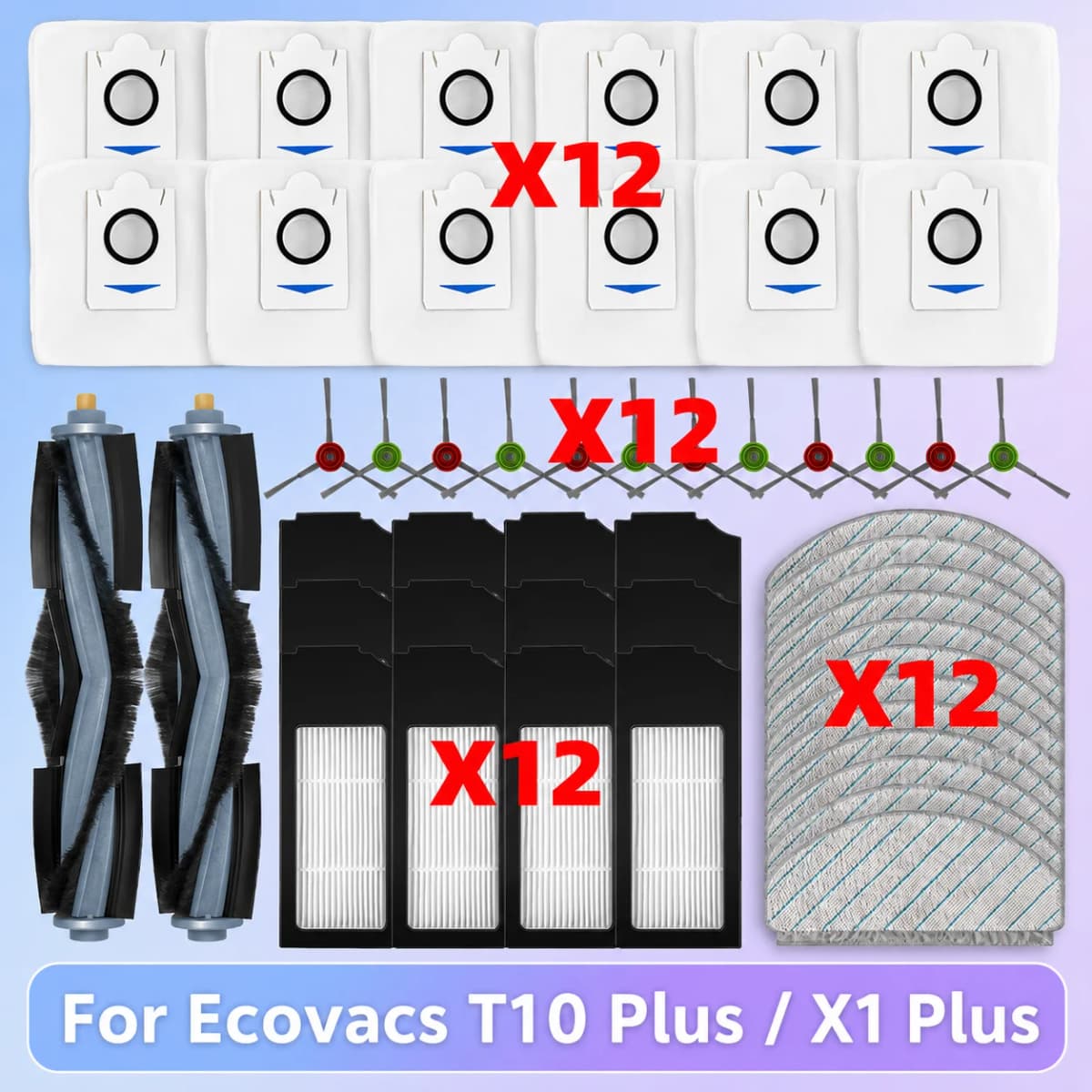 Compatible For Ecovacs T10 Plus / X1 Plus Robot Vacuum Spare Parts Accessories Main Side Brush Hepa Filter Dust Bag Mop Cloth