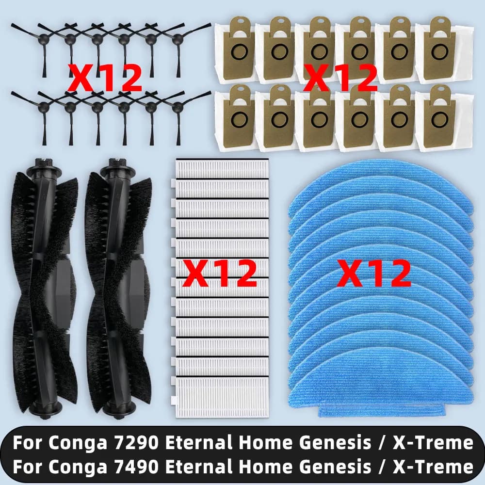 Compatible For ( Cecotec Conga 7290 Eternal, 7490 Eternal Home Genesis X-Treme ) Spare Parts Main Side Brush Filter Mop Dust Bag