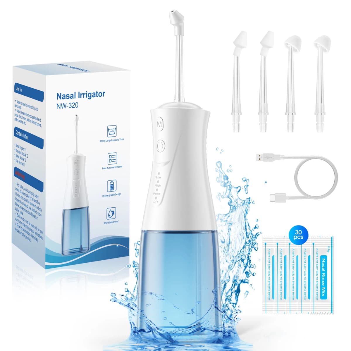 Electric Nasal Rinse Machine for Sinus Relief & Nasal Care, 4 Tips, 30 Salt Packs, Nasal Irrigation Sinus Kit for Adult & Kid