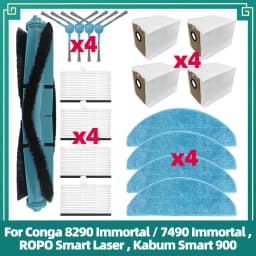 Replacement Parts Fit for Conga 8290/7490 Immortal, ROPO Smart Laser, Kabum Smart 900 Roller Side Brush Filter Mop Dust Bag